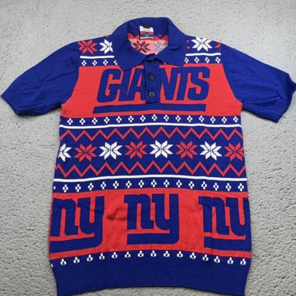 New York Giants Holliday Knit Shirt Womens Medium Blue‎ Red Snowflake NFL Polo